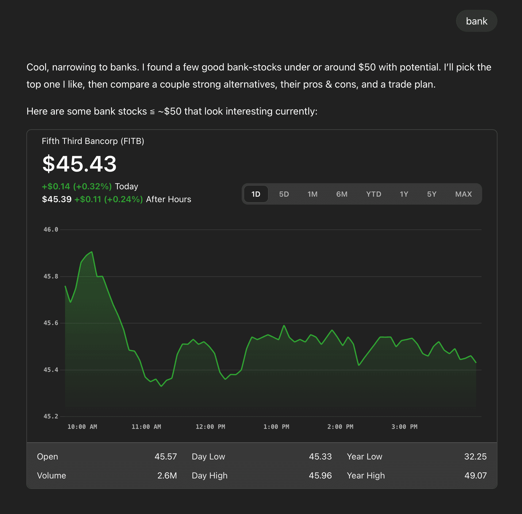 A chat with ChatGPT. The user says "bank" and ChatGPT replies with suggestions for bank-related stocks to purchase.