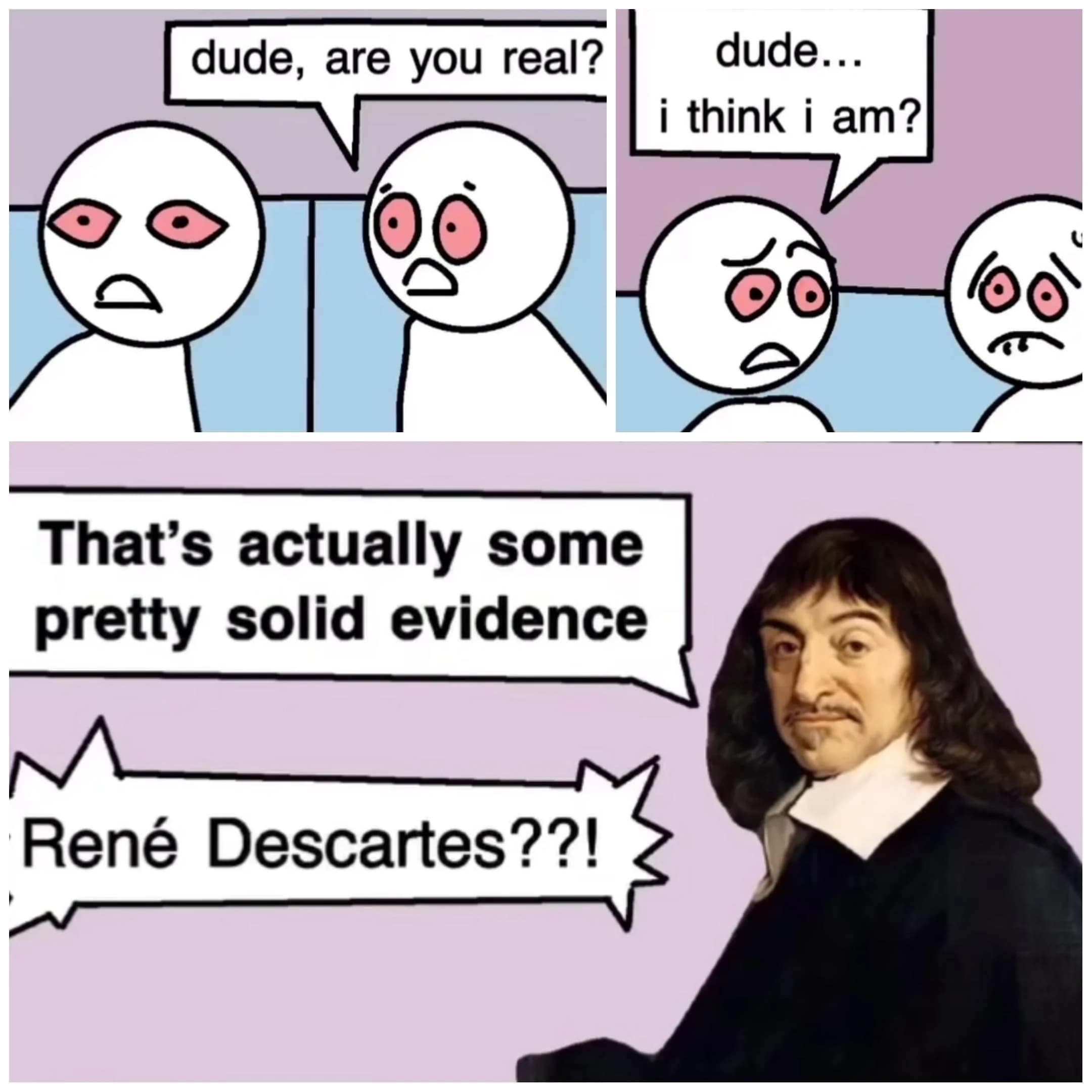 A comic with three panels. The first panel has two cartoon stick figures high off marijuana, with the one on the right asking the one on the left "dude, are you real?". The second panel has the one on the left replying "dude... i think i am?". The final panel is an image of René Descartes saying "That's actually some pretty solid evidence", with the two off-screen exclaiming in unison "René Descartes??!"