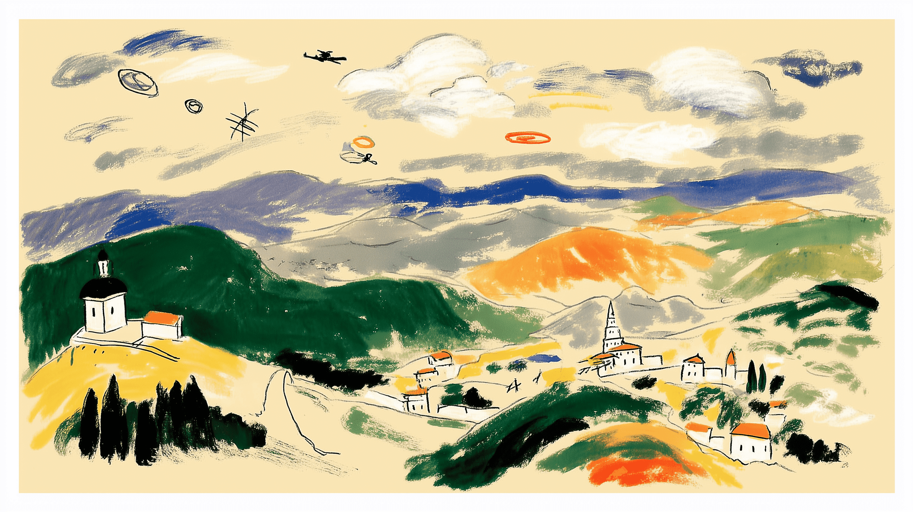 Illustration of Armenian landscape with mountains, villages, and ominous shapes in the sky