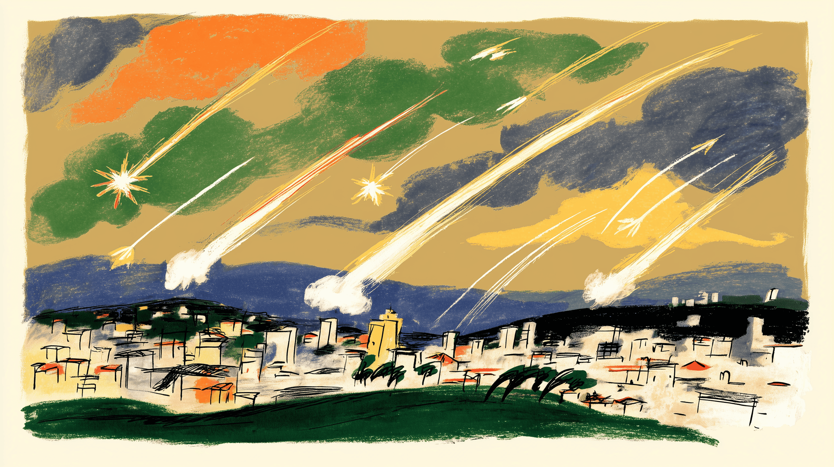 Illustration of Armenian landscape with mountains, villages, and ominous shapes in the sky